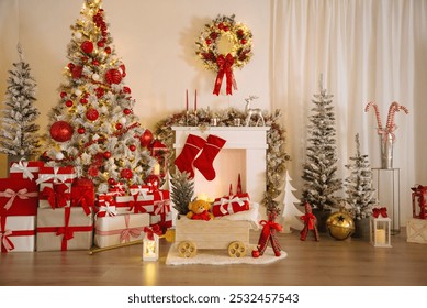 A cozy living room decorated for Christmas with a tree, gifts, stockings on the fireplace, and festive decorations in red and gold - Powered by Shutterstock