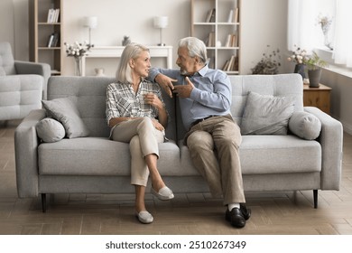 In cozy living room mature wife and grey-haired husband resting together si ton comfortable sofa and lead talk, share news and plans, explain point of view, discussing life moments on weekend at home - Powered by Shutterstock