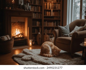 A cozy living room with a warm, crackling fireplace, bookshelves filled with books and decorative items, a comfortable armchair, and a cat sleeping peacefully on a plush rug - Powered by Shutterstock