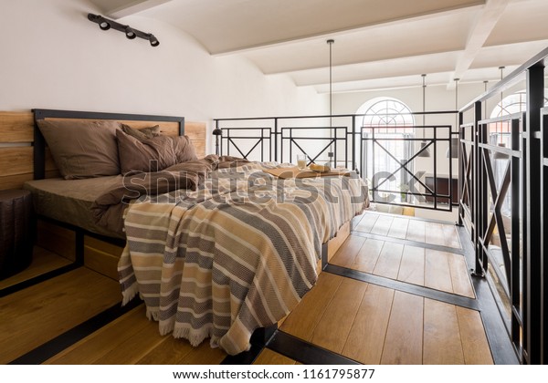 Cozy Mezzanine Bedroom Double Bed Wooden Interiors Stock Image