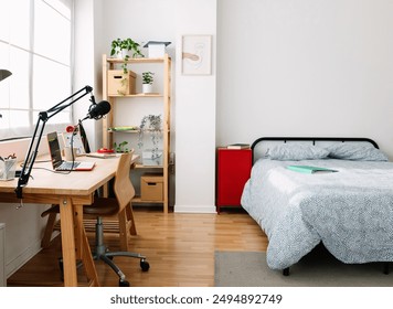 Cozy mood. Interior bright teen room with bed and creative workplace desk. Young content creator teenager bedchamber. - Powered by Shutterstock