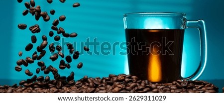 Cozy morning with steaming cup of freshly coffee and warm glow of sunrise. Rich aroma of ground coffee beans filled air as awake sunrise over window blue sky