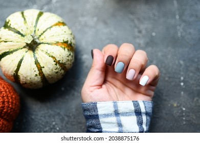 Cozy Nails Design. Autumn Leaves. Place For Text. Cozy Autumn  Fall Concept. Trendy Manicure.