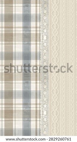 Cozy Neutral Plaid and Knit Pattern Wallpaper, Background Perfect blend of soft grey plaid, delicate floral lace, and warm cream cable knit textures. Ideal for scrapbooking, aesthetic phone wallpapers, journal covers, or digital crafts. Adds a timeless, rustic, and cozy cottagecore vibe to any project. 