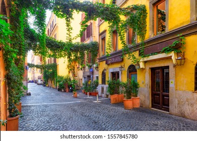 Cozy old street in Trastevere in Rome, Italy. Trastevere is rione of Rome, on the west bank of the Tiber in Rome, Lazio, Italy.  Architecture and landmark of Rome - Powered by Shutterstock