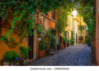Cozy old street in Trastevere in Rome, Italy. Trastevere is rione of Rome, on west bank of Tiber in Rome. Architecture and landmark of Rome