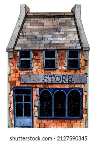 Cozy Oldest House. Hand-drawn Stock Illustration Painted By Watercolor For Your Design. Oldest Bookshop. Cute Bookstore Exterior. Isolated On The White Background.