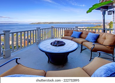 Cozy Patio Area With Comfort Settees And Fire Pit. Deck With Puget Sound View. Tacoma, WA