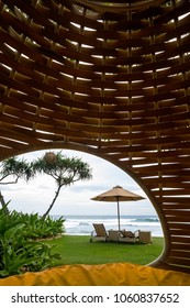 Cozy Place Inside Cocoon Hammock. View On Tropical Indian Ocean. Concept Of Rest And Vacation In Asia With Pleasure