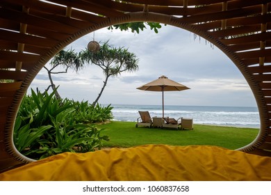 Cozy Place Inside Cocoon Hammock. View On Tropical Indian Ocean. Concept Of Rest And Vacation In Asia With Pleasure