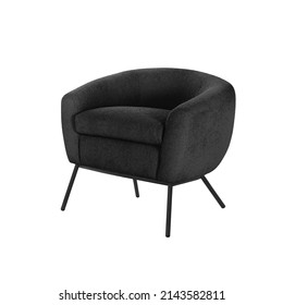 Cozy Puffy Armchair Art Deco Style In Black Velvet On Black Metal Legs With Clipping Path Isolated On White Background. Series Of Furniture