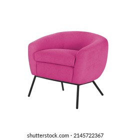 Cozy Puffy Armchair Art Deco Style In Pink Velvet On Black Metal Legs With Clipping Path Isolated On White Background. Series Of Furniture