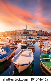 Cozy and quiet town of Rovinj with beautiful colorful houses on the Istrian peninsula, Adriatic sea at sunset  in Croatia