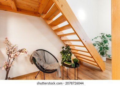 A cozy reading corner at home with a small armchair in modern design, accompanied by a similar size coffee table. It is simply located under wooden stairs and is complemented by home-grown vegetation.
