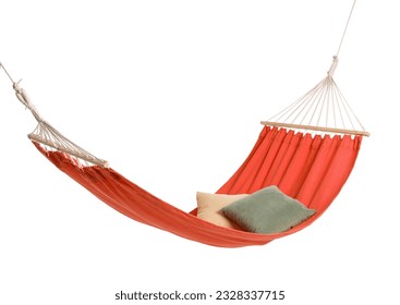 Cozy red hammock with cushions isolated on white background