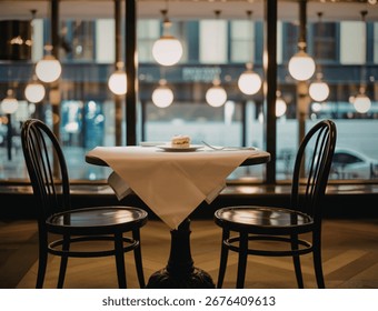 A cozy restaurant table is set for two with a white tablecloth, a small dessert, and cutlery. Two dark chairs flank the table, with soft lighting from overhead globes.