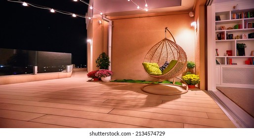 Cozy Rooftop Terrace With Open Space Living Room At Warm Summer Night