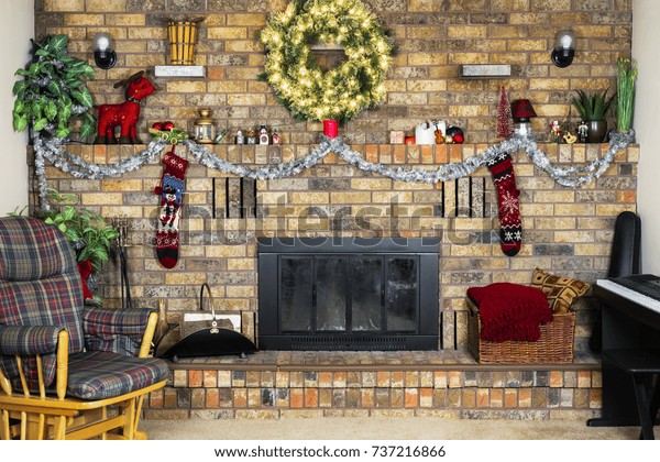 Cozy Room Brick Fireplace Decorated Christmas Stock Photo Edit