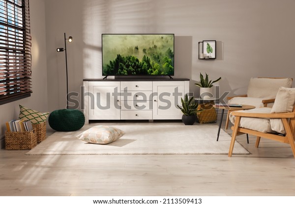 Cozy room interior with stylish furniture, decor\
elements and TV set