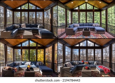 Cozy Screened Porch Enclosure During Spring, Summer, Autumn, Winter With Border. Four Seasons Sun Room Collage.