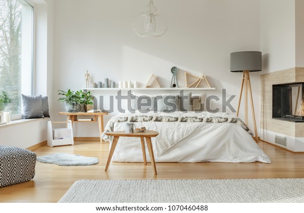 Cozy Spacious Bedroom Interior Kingsize Bed Stock Photo