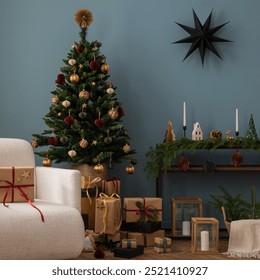 Cozy and stylish christmas living room interior with design armchair, christmas tree, gifts, wooden laterns, blue wall, red pillow, christmas balls decoration. Santa claus is coming. Template. - Powered by Shutterstock