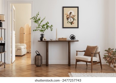 Cozy and stylish interior of living room with mock up poster frame, wooden console, flowers in vase, decorations and personal accessories. Modern home decor. Template.