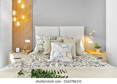 Cozy Up-do-date Bedroom With Lighting, No People. Modern Furnishing For Comfort Life Concept