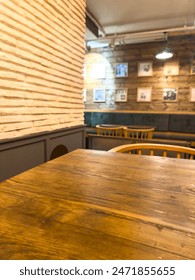 Cozy and Warm Cafe Interior with Empty Wooden Table