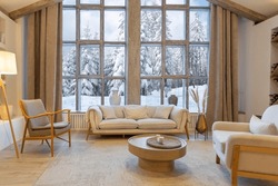 Cozy Warm Home Interior Of A Chic Country Chalet With A Huge Panoramic Window Overlooking The Winter Forest. Open Plan, Wood Decoration, Warm Colors And A Family Hearth