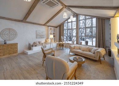 Cozy Warm Home Interior Of A Chic Country Chalet With A Huge Panoramic Window Overlooking The Winter Forest. Open Plan, Wood Decoration, Warm Colors And A Family Hearth