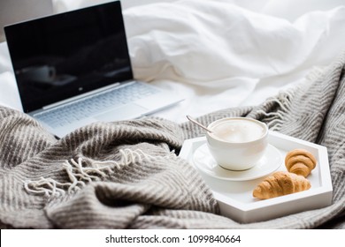 Cozy Weekend At Home, Laptop And Coffee In Bed