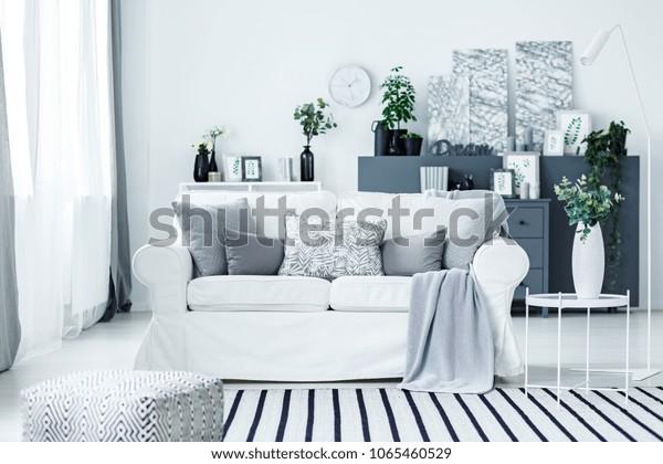 Cozy White Sofa Striped Rug Classy Stock Photo Edit Now