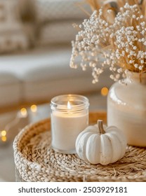 Cozy white theme fall decor. Florals, pumpkin and lighted candle.