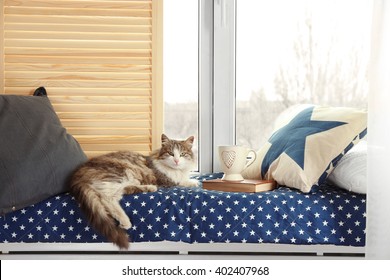 Cozy Window Seat With A Cat Resting On It And A Cup Of Hot Drink.