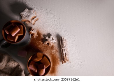 Cozy winter setting with mugs of hot chocolate and star-shaped cookies, dusted with sugar, on a light surface. Perfect for holiday or comfort vibes. - Powered by Shutterstock