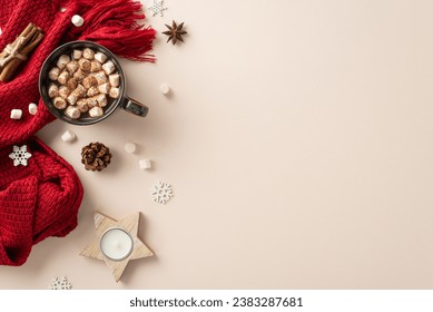 Cozy winter vibes: Top-view shot of a steaming cocoa mug with marshmallows, candle, spices, and knitted scarf on a pastel backdrop, perfect for adding your message - Powered by Shutterstock