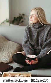 Cozy Winter Weekend, Home Scene, Hygge Concept. Warming Hygge Mood. Woman Enjoy Hot Chocolate With Marshmallows