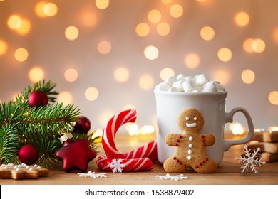 Cozy Wintertime Scene. Gingerbread Man, Cup Of Hot Cocoa With Marshmallow And Christmas Fir Branch.