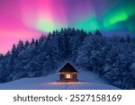 Cozy wooden cabin in snowy forest under incredible Northern lights in starry sky. Christmas landscape with Polar lights and winter mountains. Aurora Borealis