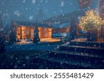 A cozy wooden cottage chalet house near ski resort in winter. The houses are lit up at night, creating a cozy and warm atmosphere. Christmas holidays in Austria, Kaprun, Salzburg, Zell am See.