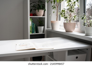 Cozy Workspace At Home. White Table By The Window. Empty Desk With Note Only. No People.