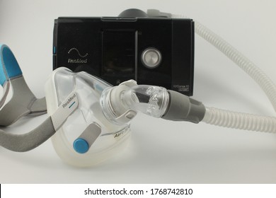 CPAP machine with adult full face mask for the treatment of sleep apnoea. Lancashire, UK, 03-07-2020
