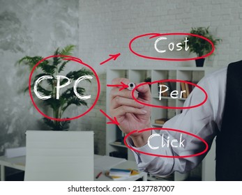  CPC Cost Per Click inscription. Young bussines man in a suit writing on an background.