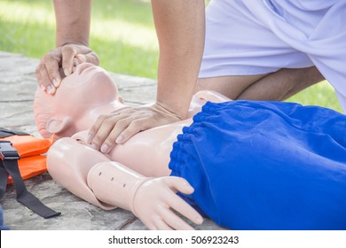 Cpr And Aed Training Victim Child Drowning Selective Focus Hand