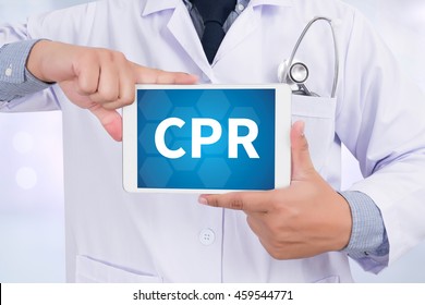 CPR      Cardiopulmonary Resuscitation Basic Life Support ( BLS )and Advanced Cardiac Life Support ( ACLS )( Mouth To Mouth Doctor Holding  Digital Tablet