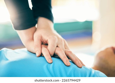 Cpr, first aid and healthcare with hands on chest of person for paramedic, medical and saving lives. Cardiac arrest, heart and injury with patient and compression for emergency, medicine and wellness - Powered by Shutterstock