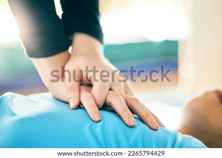 Cpr, first aid and healthcare with hands on chest of person for paramedic, medical and saving lives. Cardiac arrest, heart and injury with patient and compression for emergency, medicine and wellness
