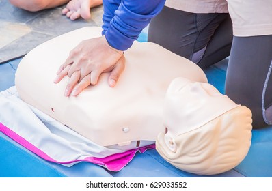 Cpr Training Chest Compression Dummy Basic Life Support Selective Focus Of Hand