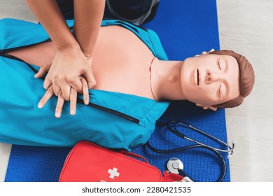 CPR Training ,Emergency and first aid class on cpr doll, Cardiopulmonary resuscitation, One part of the process resuscitation on unconscious person. - Powered by Shutterstock